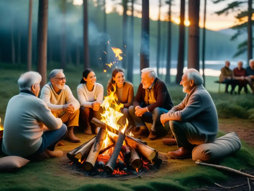 Grupo de ancianos en celebraciones nórdicas jubilarse naturaleza alrededor de una fogata en el bosque, con una atmósfera serena y cálida entre árboles iluminados por el fuego