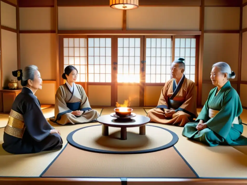 Grupo de ancianos de Okinawa disfrutando de una ceremonia del té tradicional, transmitiendo sabiduría y paz