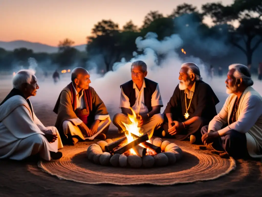 Grupo de ancianos en círculo alrededor de una fogata, transmitiendo rituales comunitarios tradicionales bajo un cielo estrellado y árboles ancestrales