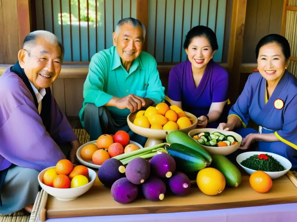 Grupo de ancianos okinawenses comparten comida tradicional rica en nutrientes