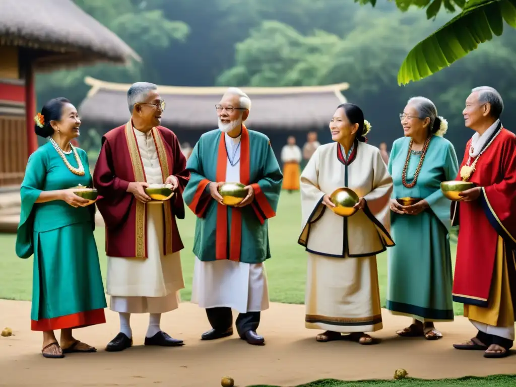 Grupo de ancianos de diversas culturas participando en ceremonias de despedida laboral significado, compartiendo sabiduría y tradiciones