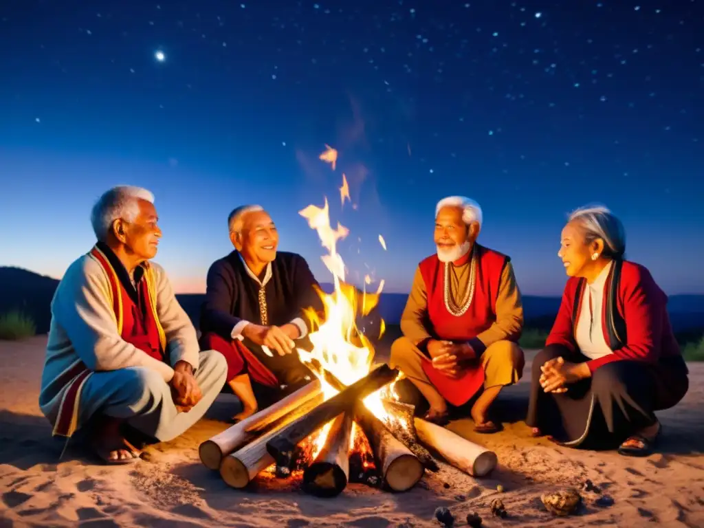 Grupo de ancianos de diversas culturas participan en un ritual de jubilación innovador alrededor de una fogata bajo un cielo estrellado