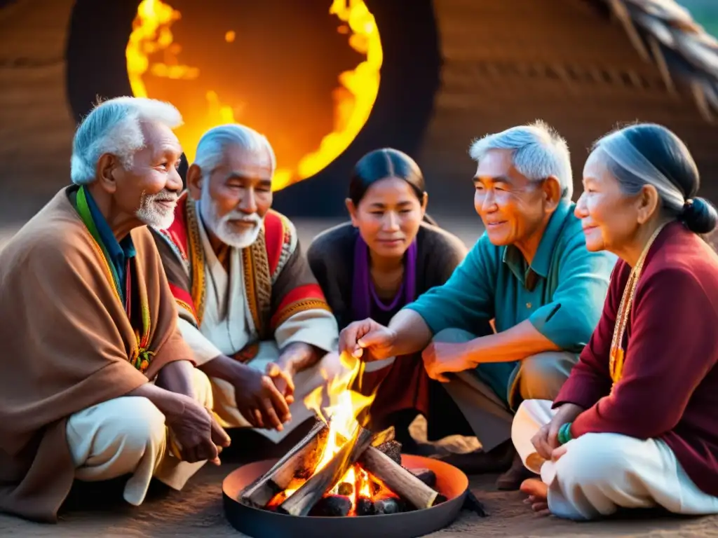 Grupo de ancianos de diversas culturas comparten sabiduría alrededor del fuego