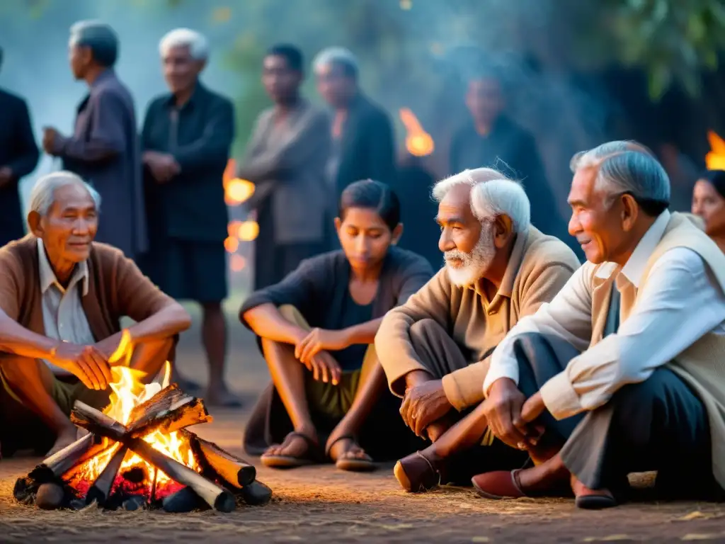 Un grupo de ancianos comparte historias alrededor del fuego, creando una atmósfera de sabiduría ancestral y significado cultural