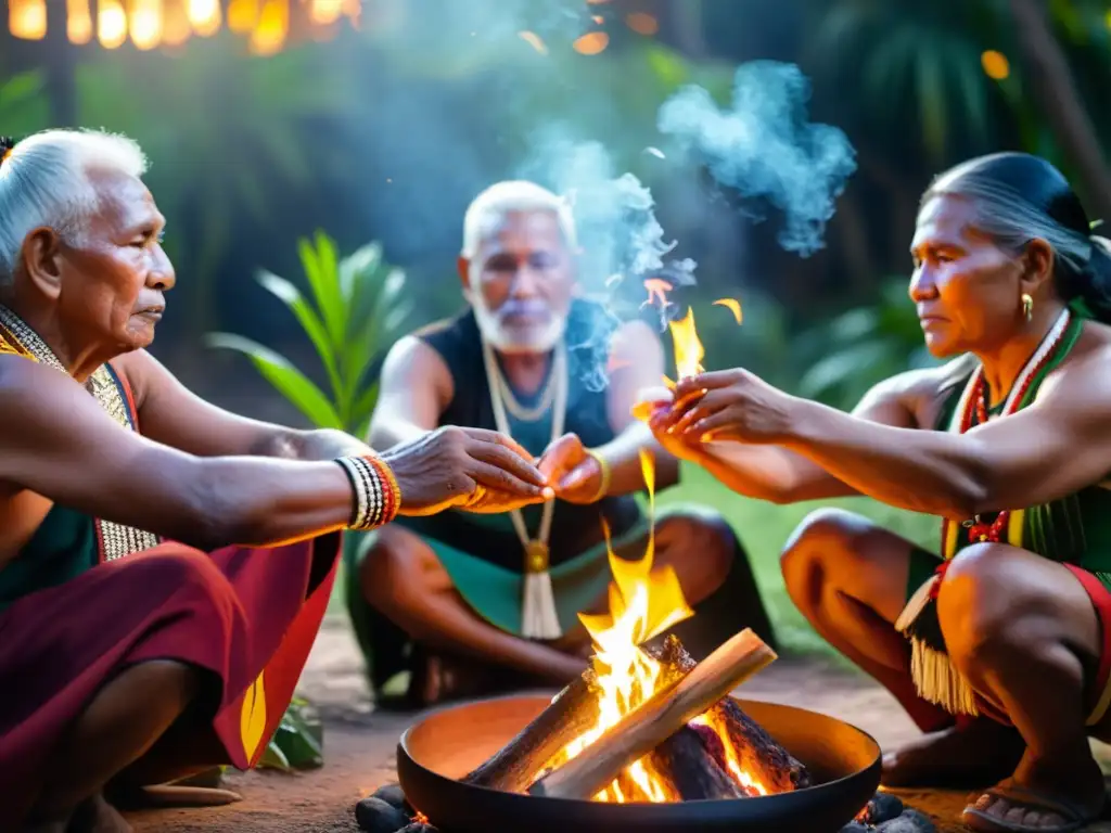 Un grupo de ancianos indígenas en atuendos ceremoniales realizando un ritual sagrado entre la exuberante vegetación