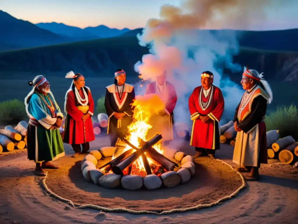 Grupo de ancianos indígenas realizando un baile ceremonial alrededor de una fogata, preservar rituales en peligro