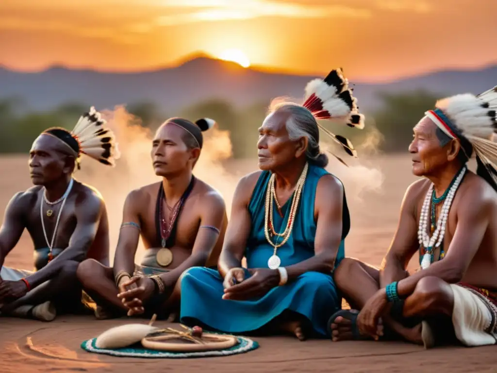 Grupo de ancianos indígenas preservando cánticos rituales ancestrales al atardecer