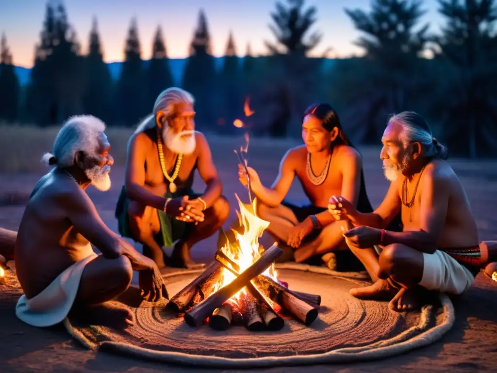 Grupo de ancianos indígenas alrededor del fuego, transmitiendo mitos en rituales aborígenes