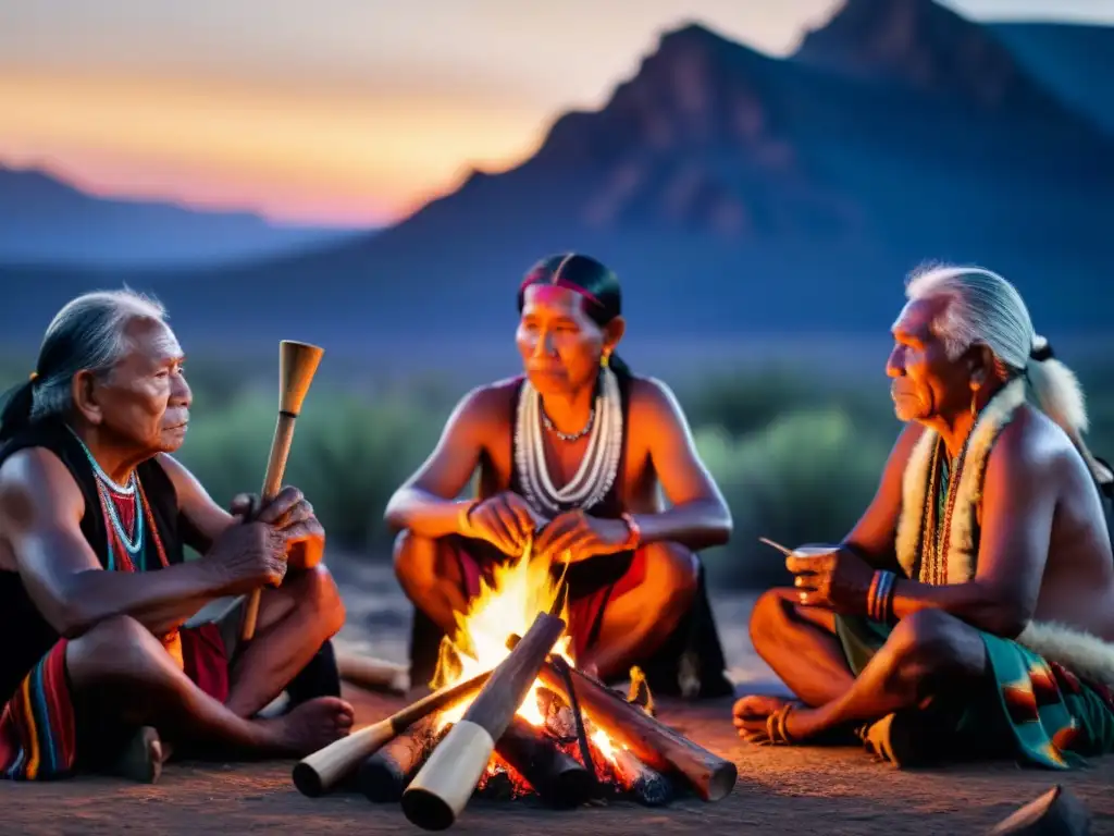 Un grupo de ancianos indígenas se sientan alrededor del fuego, tocando instrumentos tradicionales y cantando en un ritual