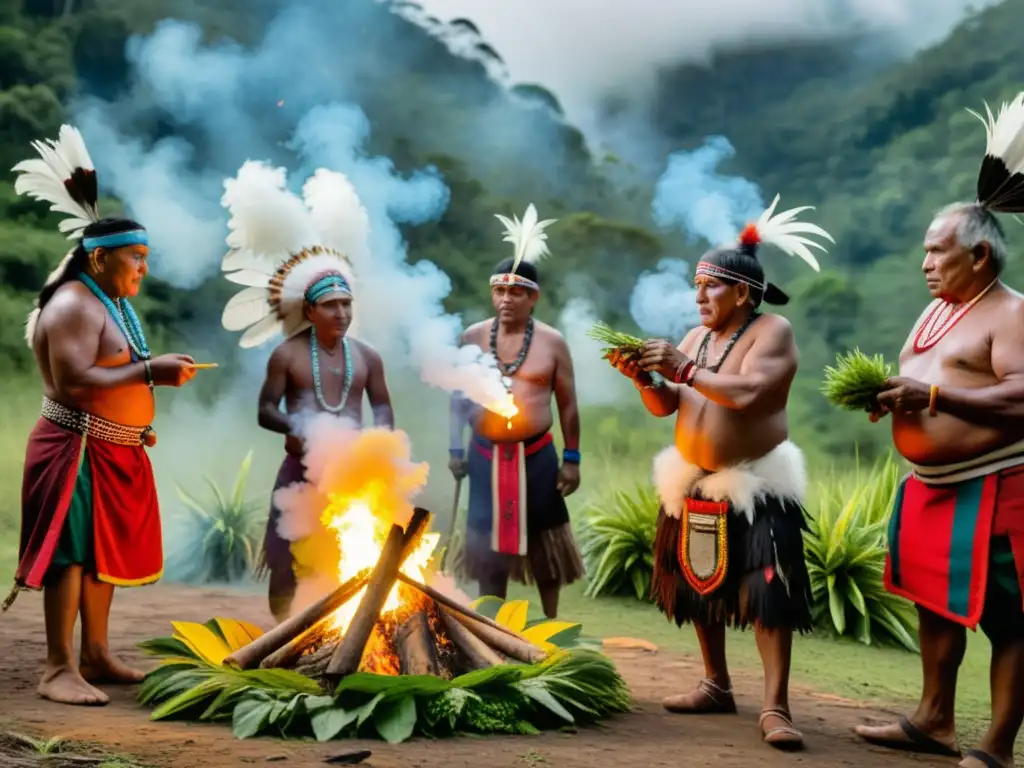 Grupo de ancianos indígenas realizando una práctica defensiva ancestral en un claro del bosque, rodeados de exuberante vegetación