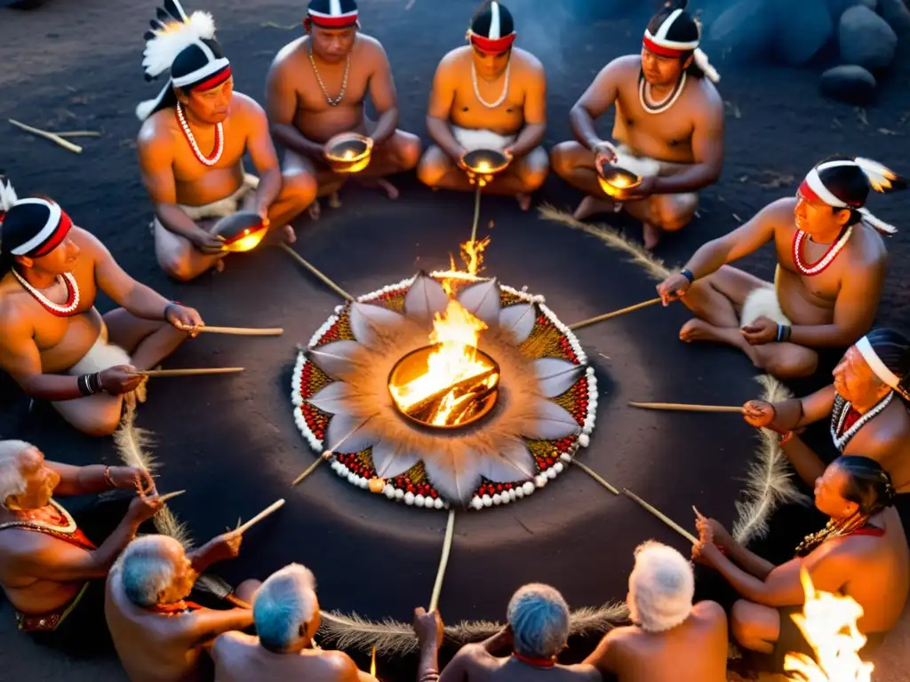 Grupo de ancianos indígenas realizando prácticas defensivas ancestrales alrededor de un fuego, en un ritual ceremonial poderoso y cautivador