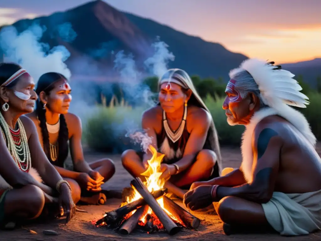 Grupo de ancianos indígenas participando en un rito de paso ancestral significado alrededor de una fogata, con plumas y pinturas rituales