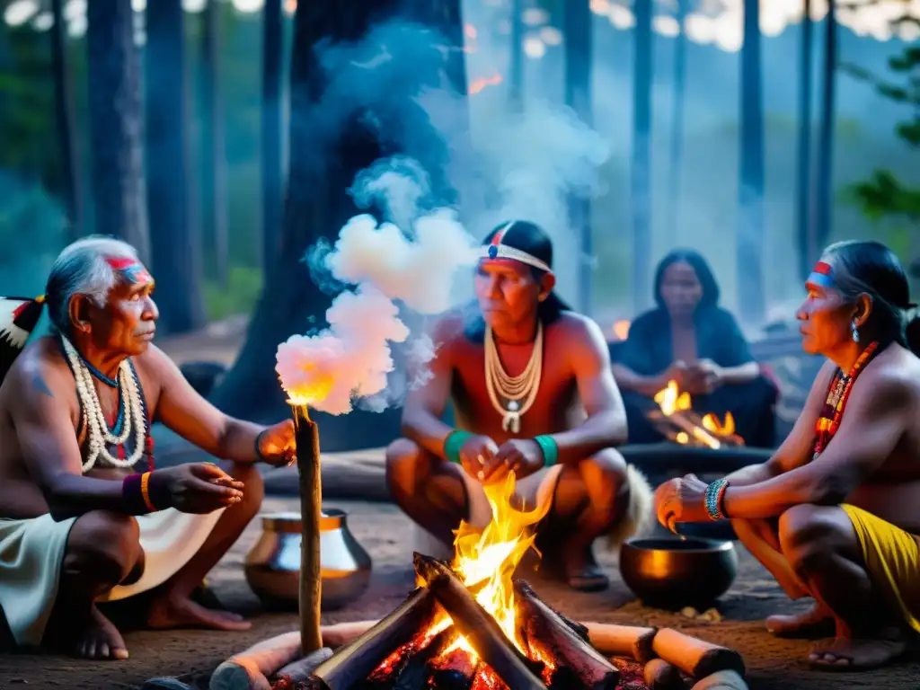 Grupo de ancianos indígenas realizando un rito de paso ancestral significado alrededor de una hoguera en el bosque