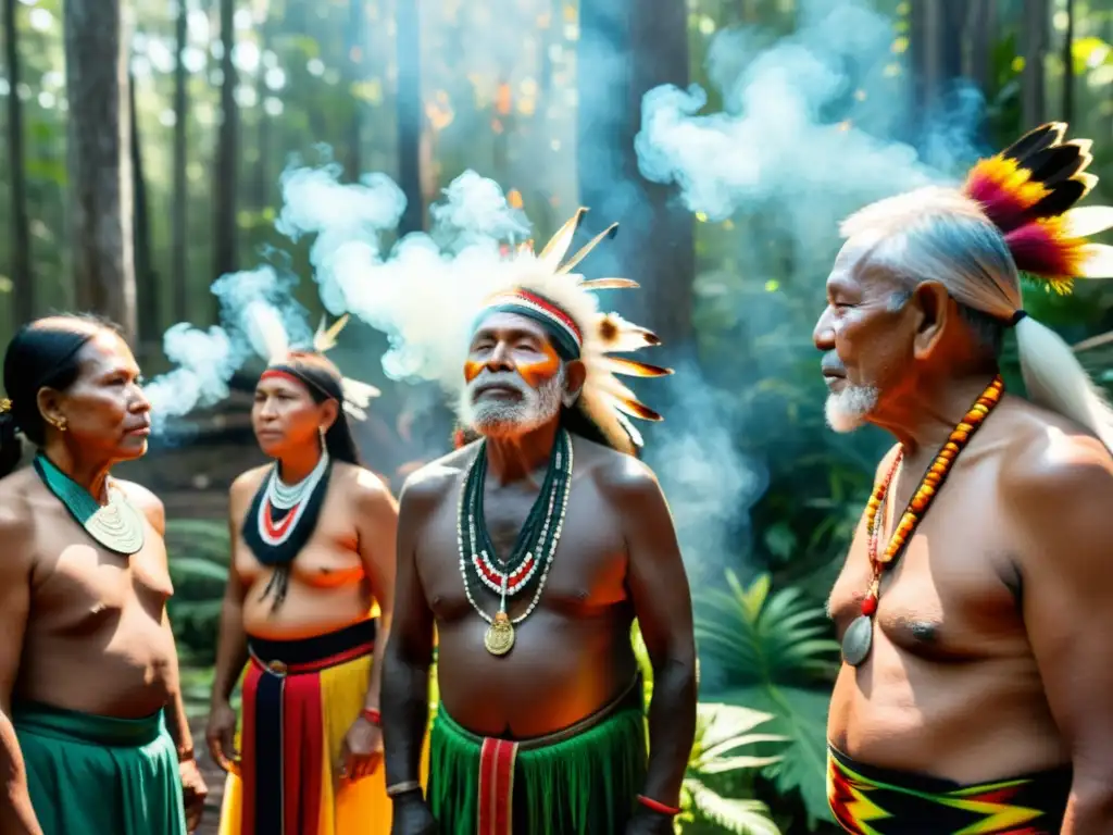 Grupo de ancianos indígenas realiza ritual en selva exuberante