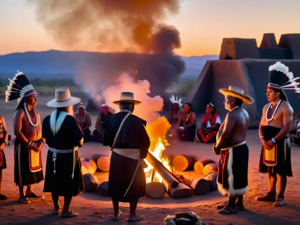 Grupo de ancianos indígenas realizando ritual alrededor del fuego, preservación de rituales antiguos en ruinas ancestrales