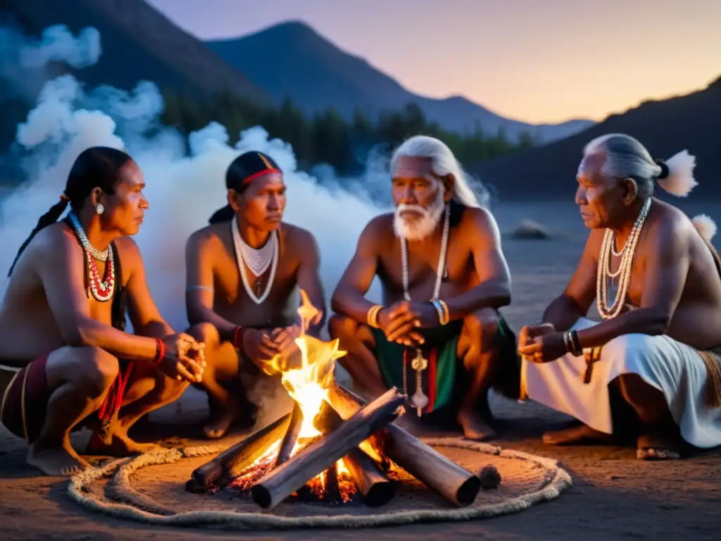 Grupo de ancianos indígenas realizando un ritual sagrado alrededor del fuego, preservación de rituales ancestrales