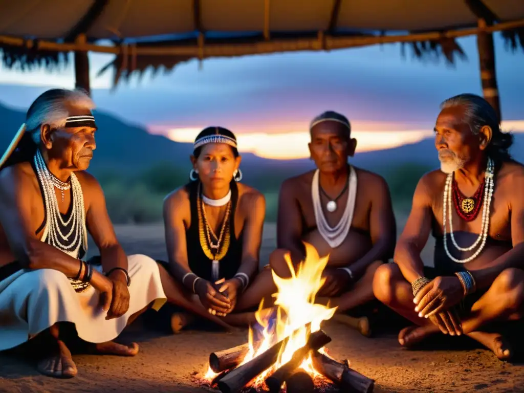 Un grupo de ancianos indígenas realiza un ritual sagrado alrededor de una fogata al anochecer