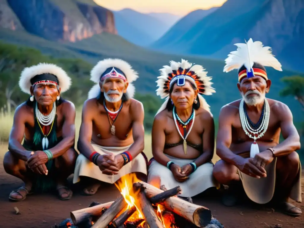 Grupo de ancianos indígenas realizando un ritual de conmemoración cultural aborigen alrededor de una fogata, con montañas y árboles en el fondo