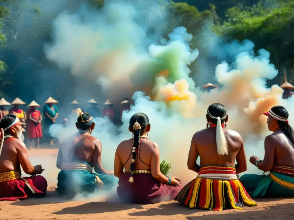 Grupo de ancianos indígenas realizando un ritual protector con humo de hierbas