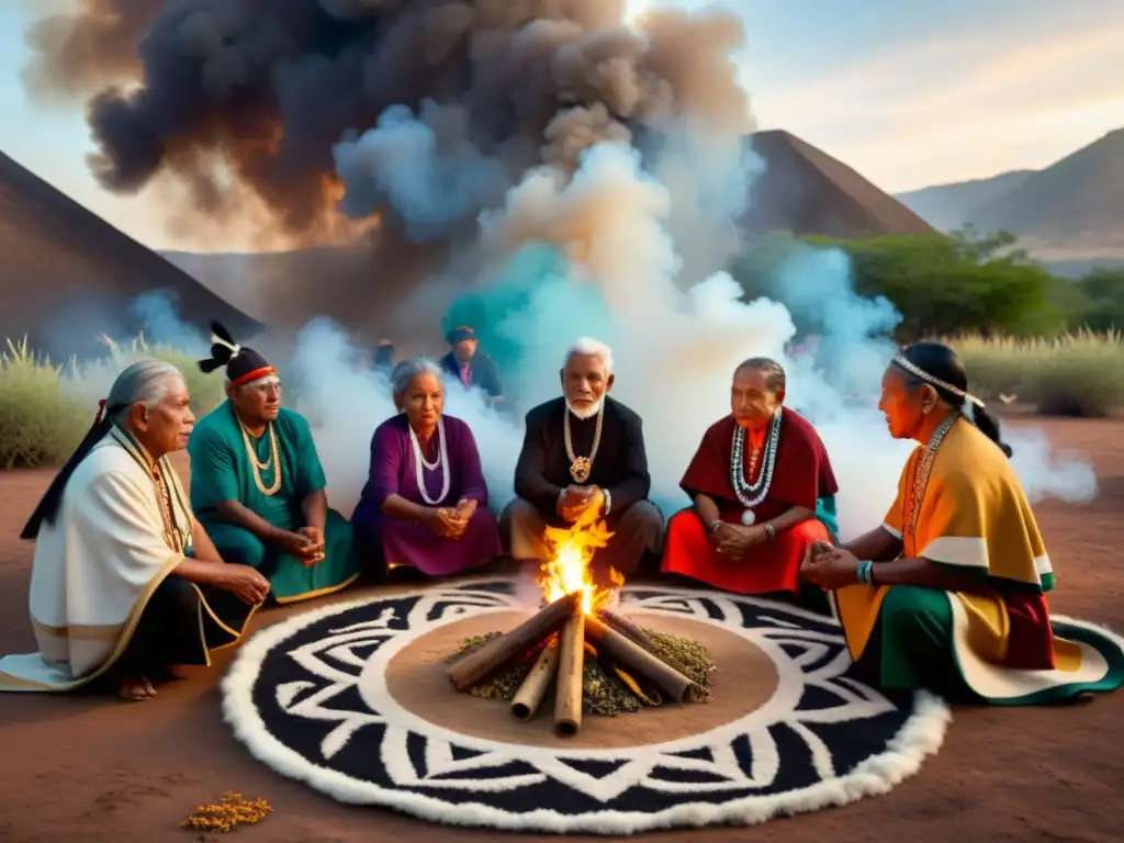 Grupo de ancianos indígenas realizando un ritual ceremonial para proteger su comunidad, con prácticas defensivas ancestrales