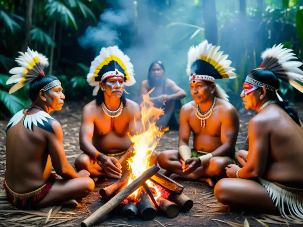 Un grupo de ancianos indígenas realizando un ritual sagrado alrededor de una fogata en la selva, en un ambiente de solemnidad y reverencia