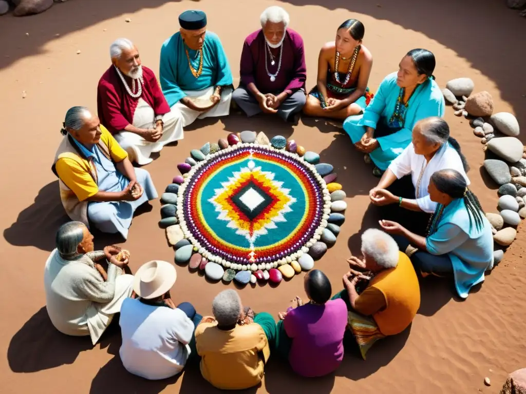 Grupo de ancianos indígenas realizando un ritual con una selección de piedras curativas poderosas al atardecer