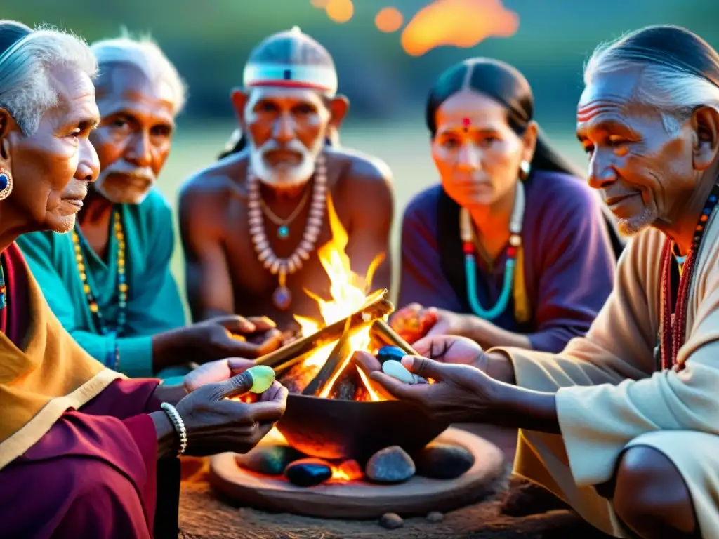 Un grupo de ancianos indígenas en un ritual sagrado alrededor del fuego, infundiendo energía espiritual en piedras preciosas