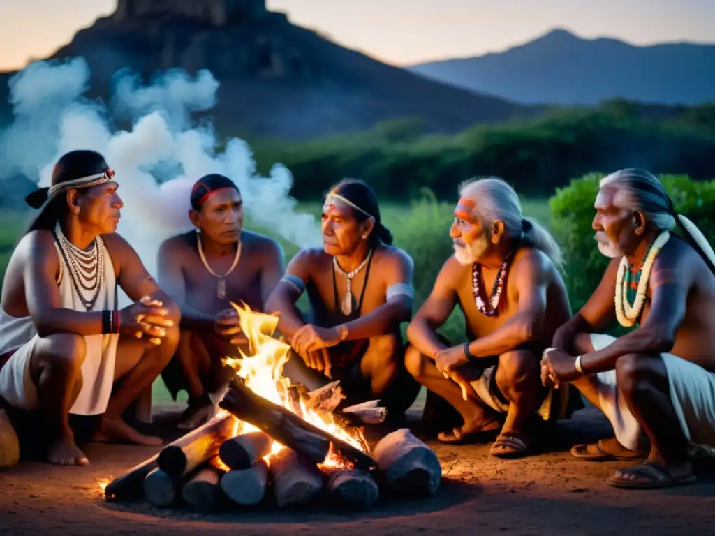 Grupo de ancianos indígenas en ritual sagrado, preservación de rituales indígenas ancestrales en mística atmósfera alrededor del fuego al anochecer