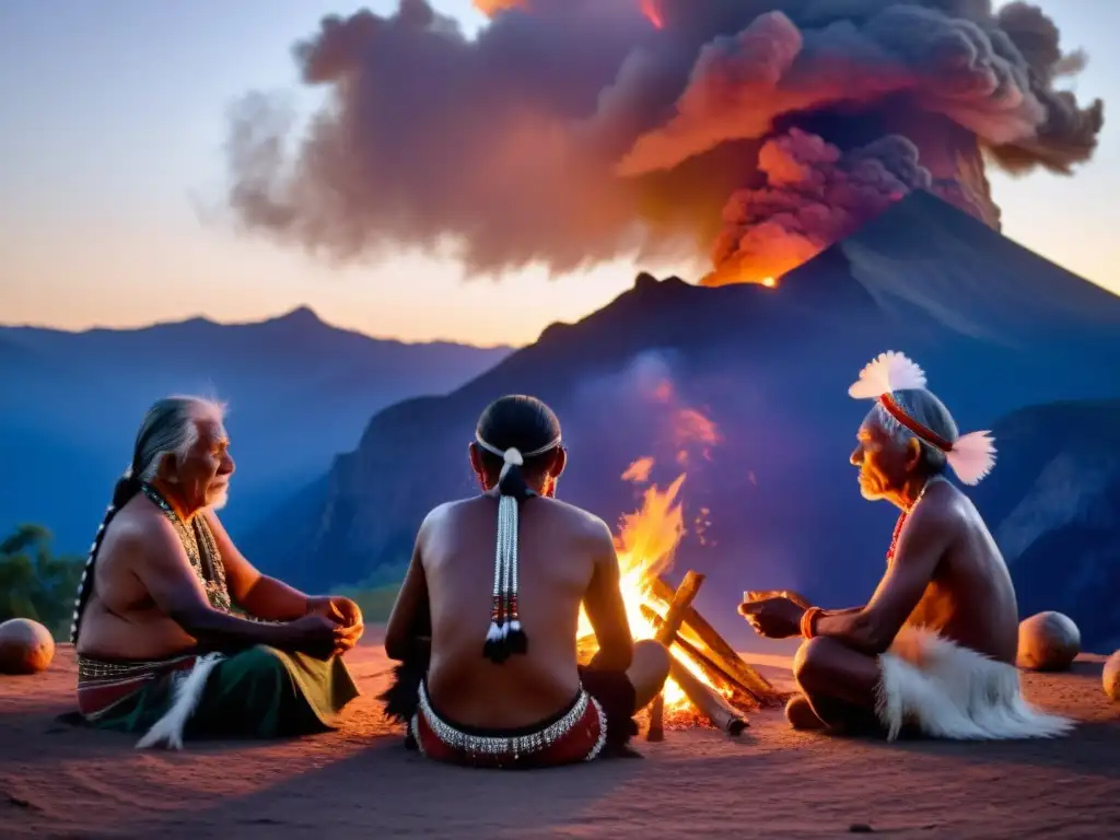 Grupo de ancianos indígenas realizando un ritual de paz alrededor del fuego, con rostros pintados y montañas al fondo