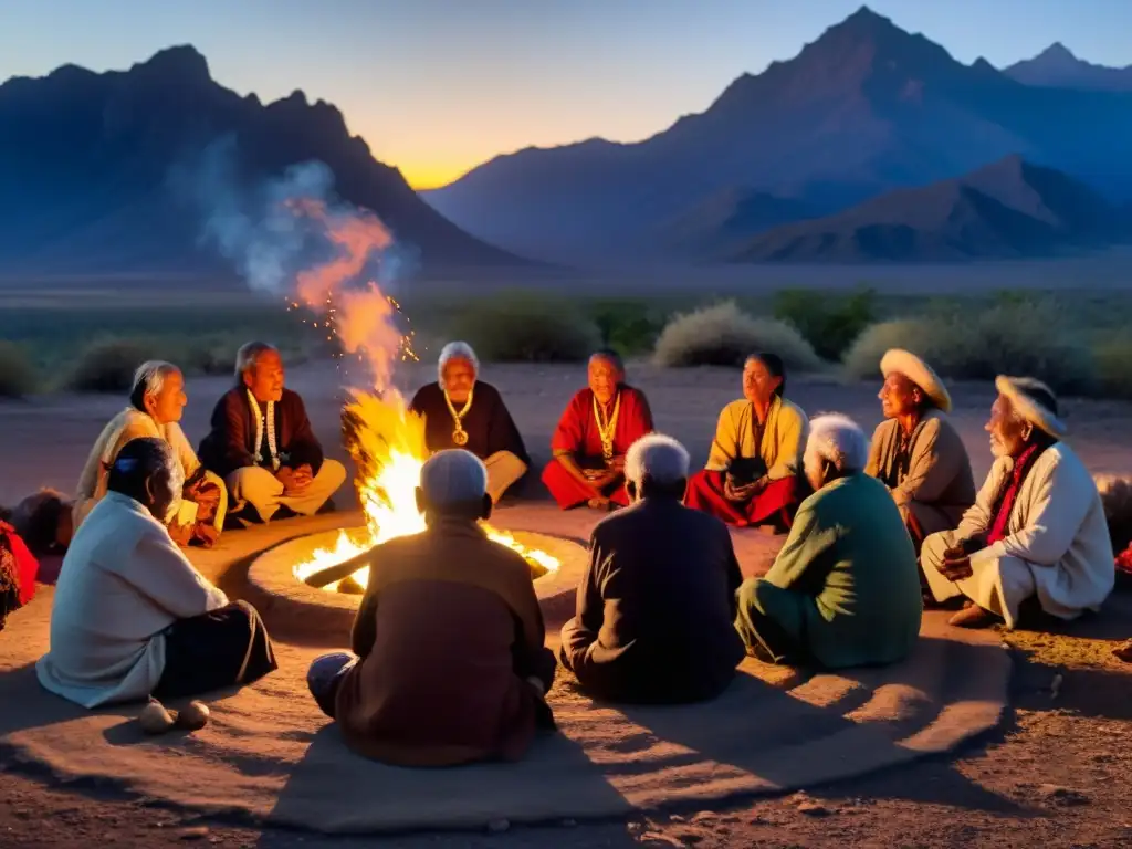 Grupo de ancianos indígenas participando en un ritual ceremonial alrededor de una fogata, preservación de rituales indígenas ancestrales