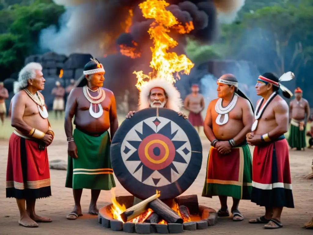 Grupo de ancianos indígenas realizando un ritual sagrado alrededor de un fuego, rodeados de naturaleza exuberante