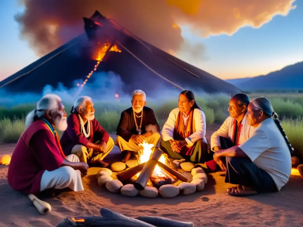 Grupo de ancianos indígenas en ritual sagrado alrededor del fuego, preservación digital de rituales culturales