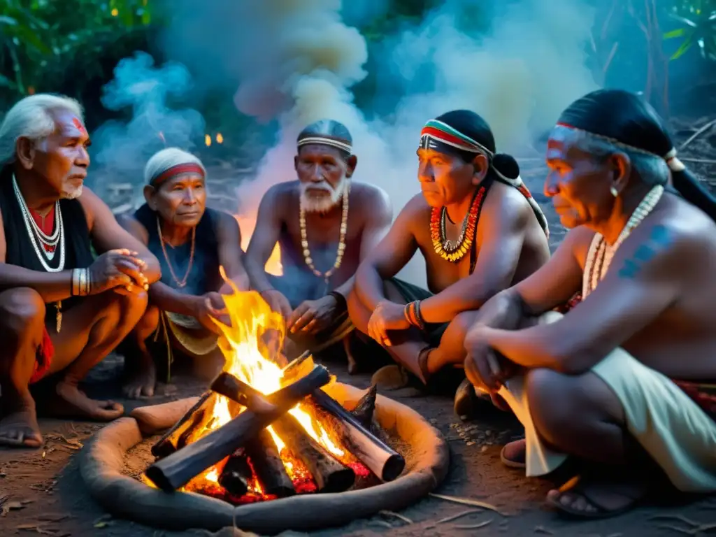 Un grupo de ancianos indígenas realiza un ritual sagrado alrededor del fuego en la selva, en una exploración antropológica de rituales milenarios