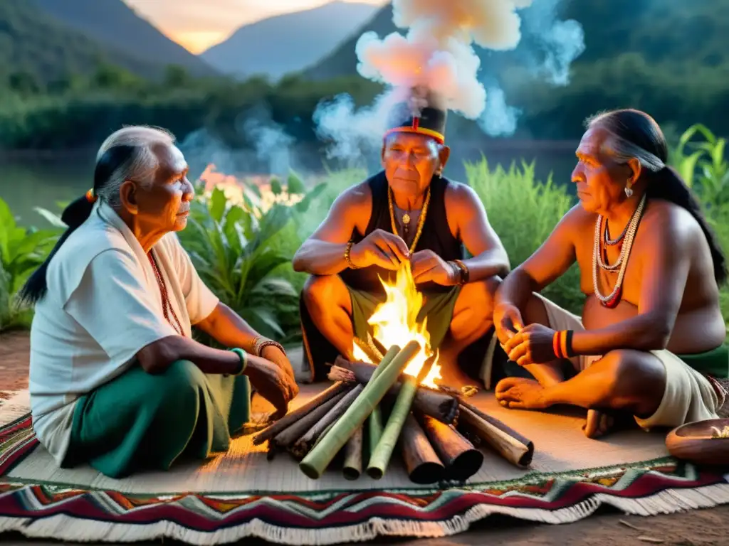 Un grupo de ancianos indígenas realiza rituales medicinales en peligro, rodeados de naturaleza exuberante al atardecer