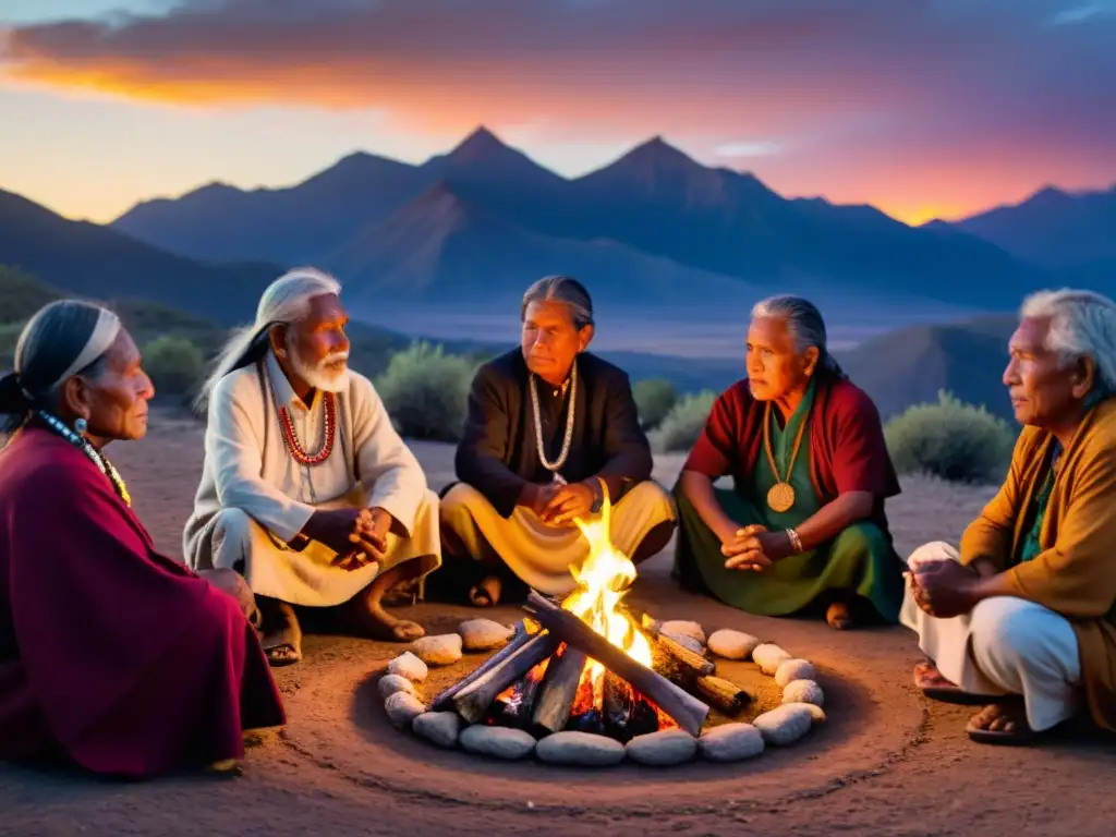 Grupo de ancianos indígenas realizando rituales de guerra y paz ancestrales alrededor del fuego, en un escenario de montañas antiguas al atardecer