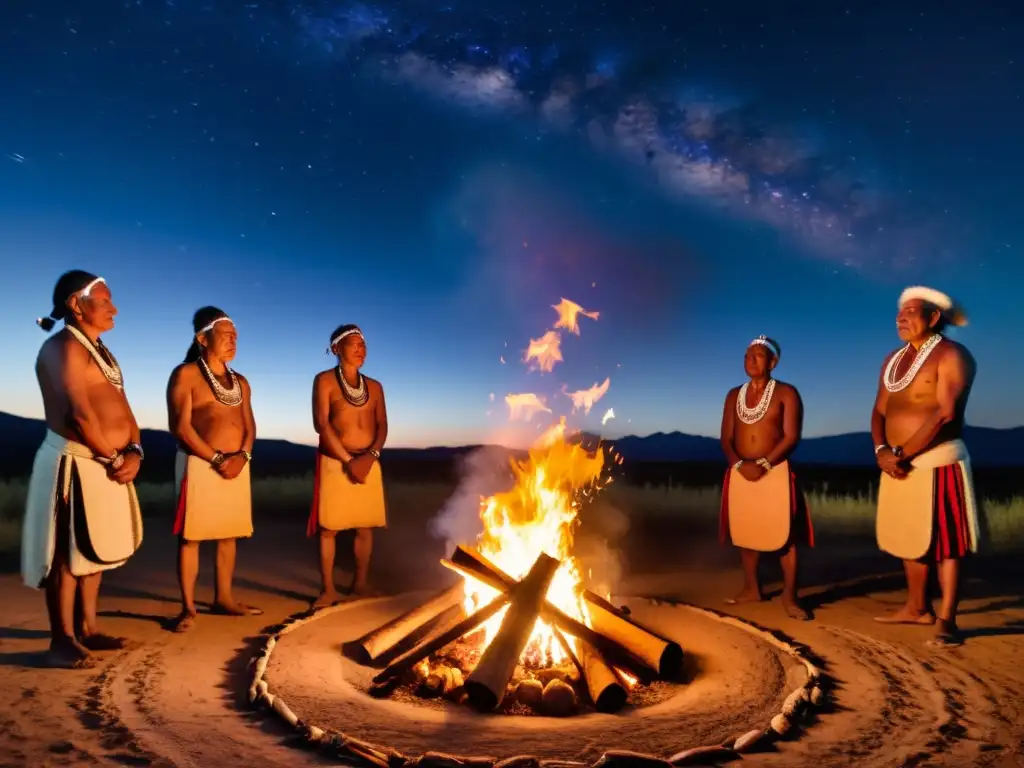 Un grupo de ancianos indígenas vestidos con atuendos tradicionales rodeando una gran fogata, sus rostros iluminados por las llamas