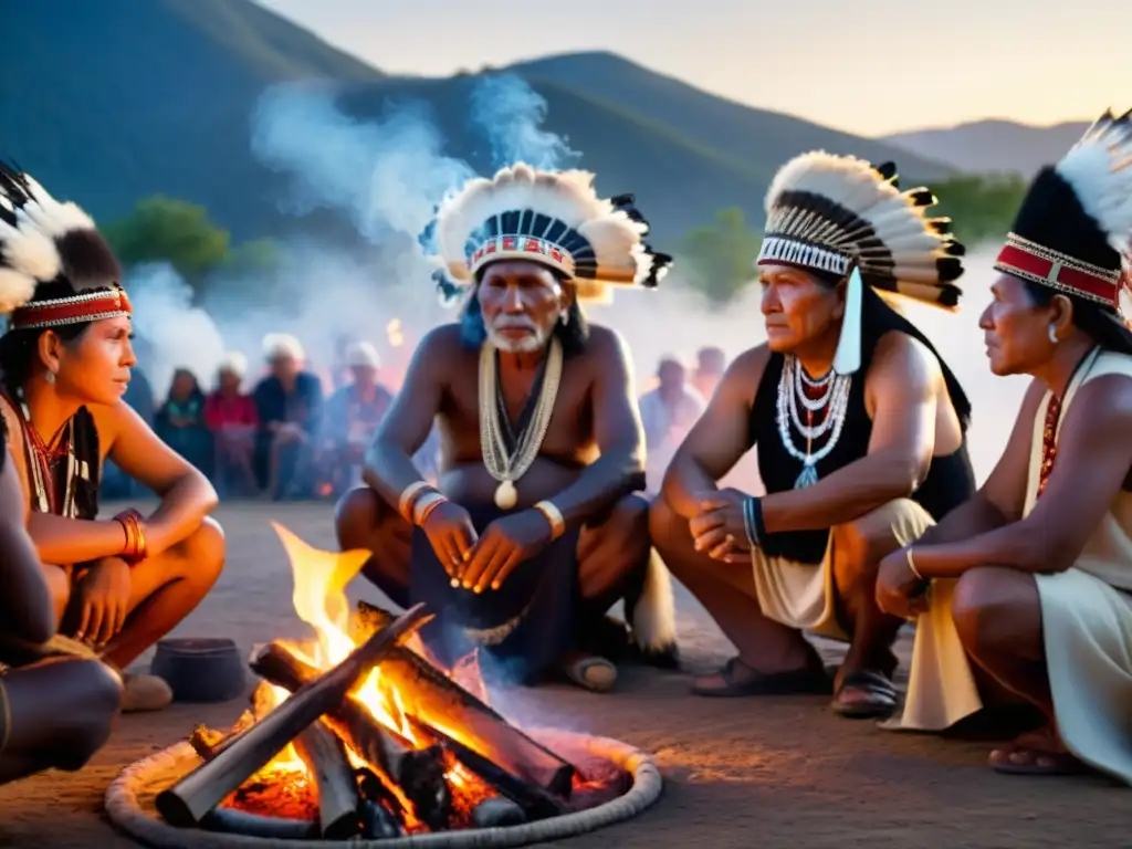 Un grupo de ancianos indígenas, vestidos con atuendos ceremoniales, se reúnen alrededor de una fogata titilante mientras realizan un ritual sagrado