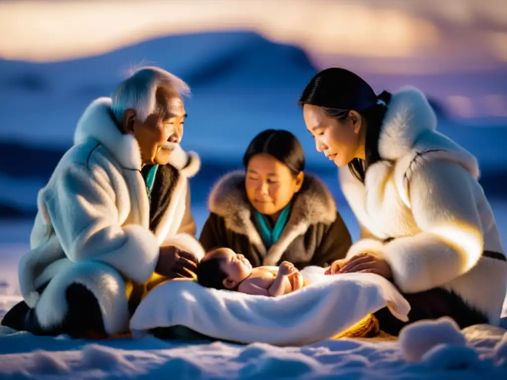 Un grupo de ancianos inuit rodea a un recién nacido bajo las luces del norte, realizando rituales de nacimiento esquimales