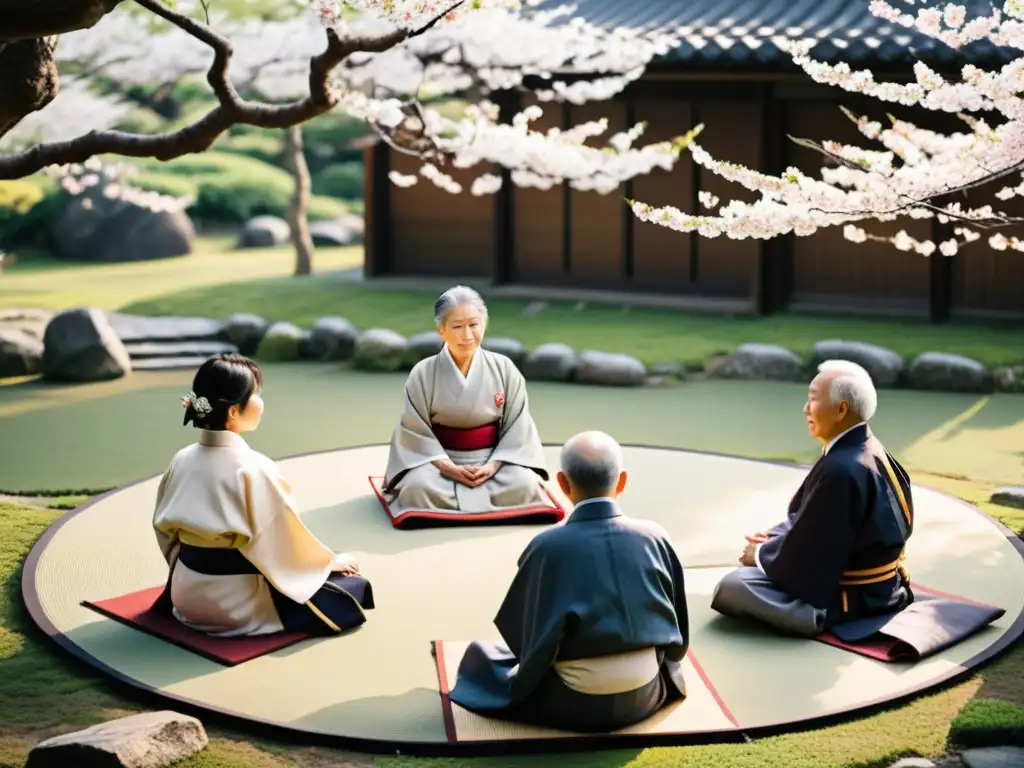 Un grupo de ancianos japoneses participa en una solemne ceremonia de jubilación 'ikigai' en un hermoso jardín japonés bajo la suave luz del sol