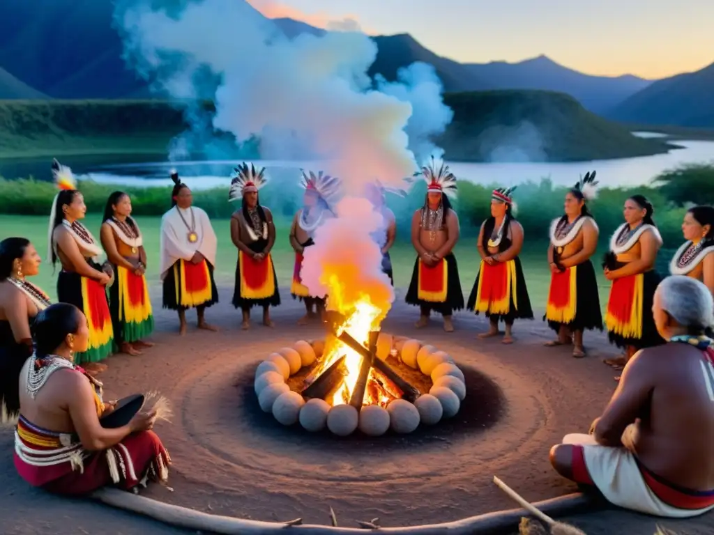 Grupo de ancianos y jóvenes indígenas en ceremonia alrededor de un fuego, con atuendos tradicionales y plumas de colores