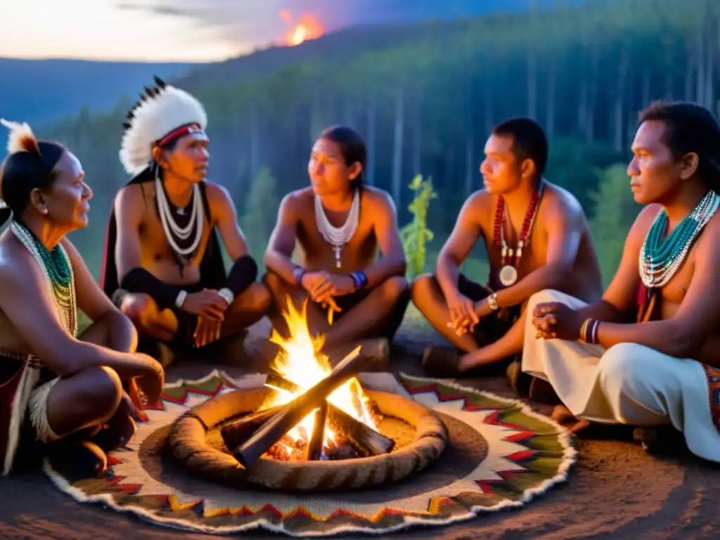 Grupo de ancianos y jóvenes iniciados alrededor de una fogata, en un ritual de transmisión de sabiduría ancestral en la selva