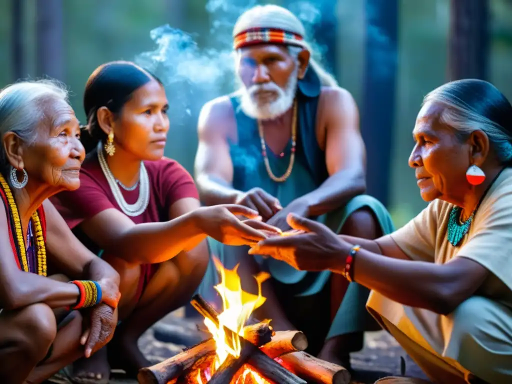 Un grupo de ancianos indígenas transmite sabiduría a jóvenes miembros de la comunidad alrededor del fuego, en un entorno de respeto y tradición