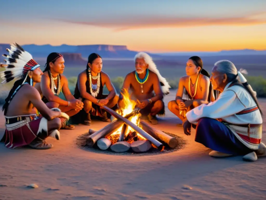 Un grupo de ancianos y jóvenes participan en un ritual de iniciación nativo en las llanuras de Norteamérica, con el sol poniéndose en el horizonte