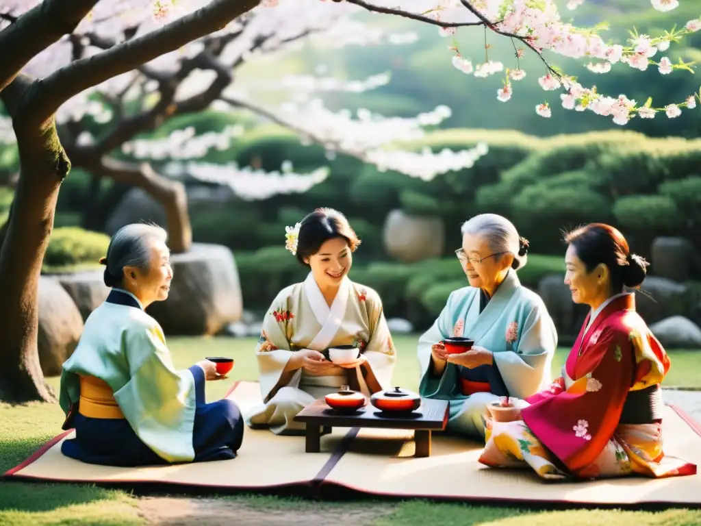 Grupo de ancianos en kimono participando en ceremonia del té en jardín de Okinawa, rodeados de cerezos en flor