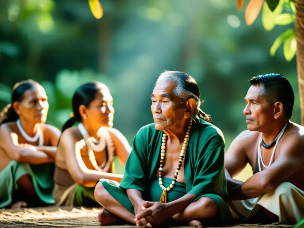 Un grupo de ancianos mayas en vestimenta tradicional participa en un ritual ceremonial, concentrados y reverentes