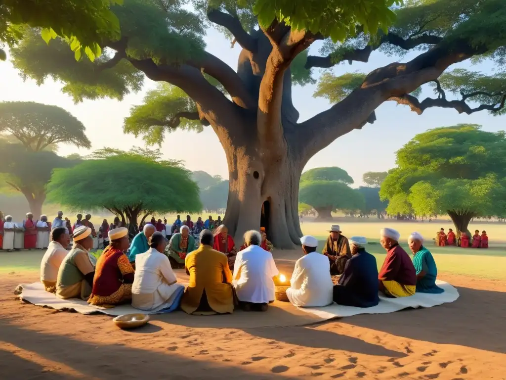 Un grupo de ancianos y miembros de la comunidad realizan un ritual bajo un árbol antiguo, rodeados de verdor