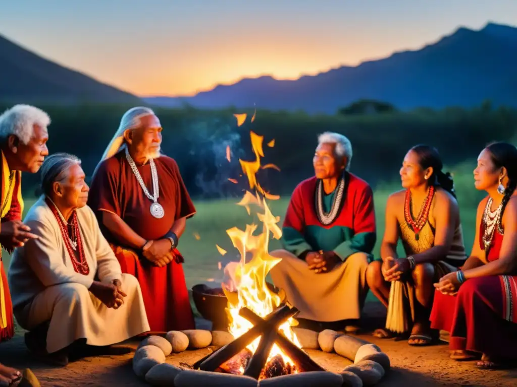 Un grupo de ancianos y miembros de una comunidad indígena realizando un ritual alrededor del fuego para proteger la Tierra