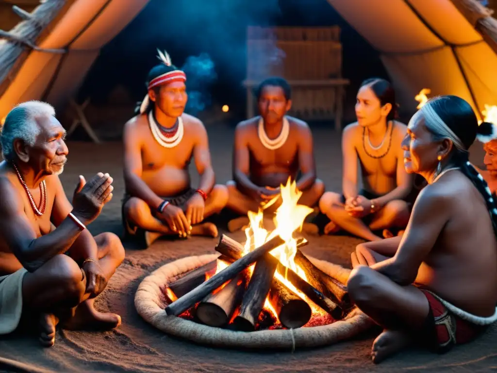 Un grupo de ancianos indígenas relata mitos junto al fuego en un ritual, transmitiendo sabiduría ancestral a jóvenes