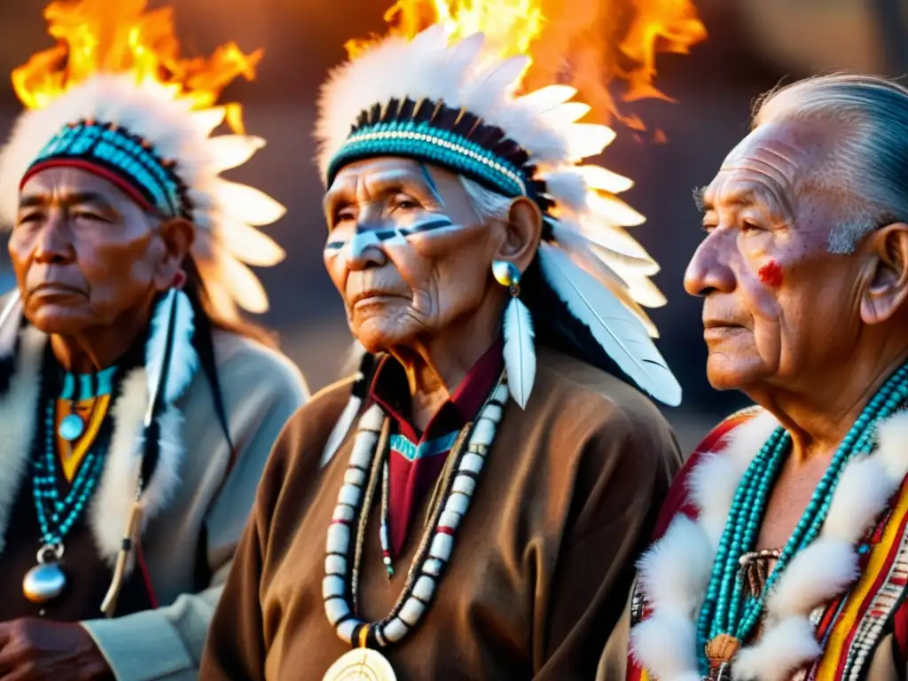 Grupo de ancianos nativos americanos en ritual sagrado alrededor de una fogata al atardecer