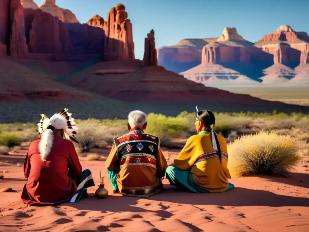 Un grupo de ancianos nativos realiza una ceremonia en el desierto de Arizona, conectando con la tierra en un retiro nativo